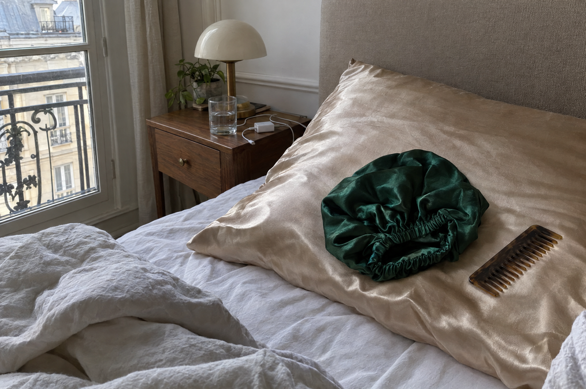 Bonnet de nuit en satin vert émeraude avec élastique, posé sur une taie d'oreiller en satin champagne à côté d'un peigne