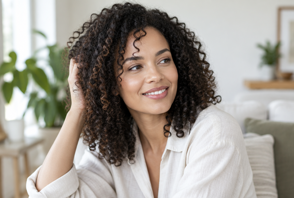Femme souriante aux cheveux bouclés définis et brillants