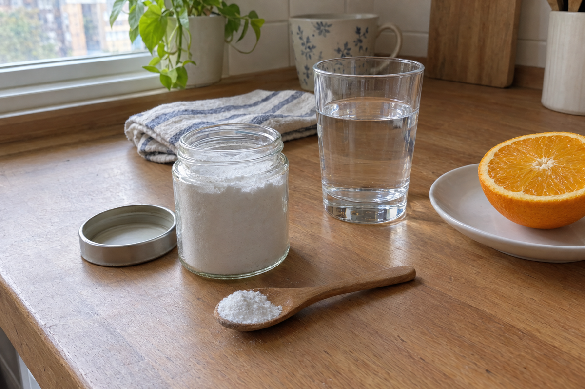 Bocal de poudre blanche, cuillère en bois, verre d'eau et demi-orange sur un plan de travail en bois