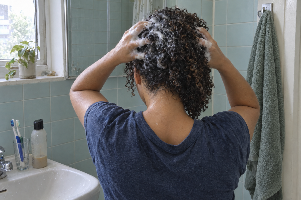 Femme de dos devant un lavabo, massant le shampoing sur son cuir chevelu dans ses boucles mouillées, salle de bain carrelée bleu-vert