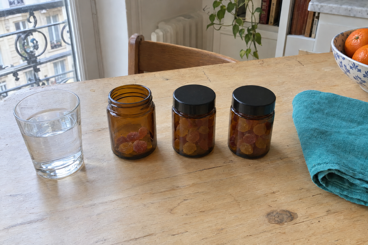 Trois pots ambrés de gummies alignés sur une table de cuisine en bois clair, le premier ouvert et presque vide, à côté d'un verre d'eau