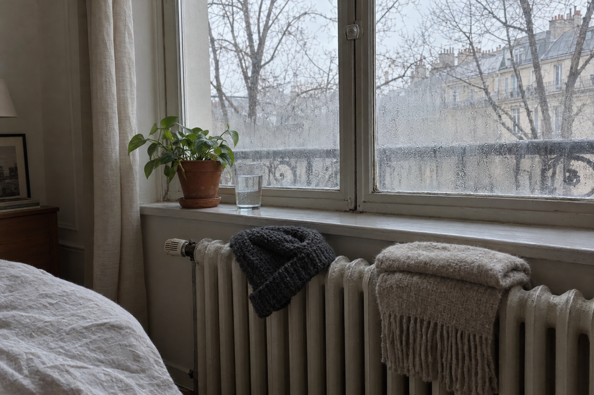 Bonnet en laine gris et écharpe posés sur un radiateur en fonte devant une fenêtre embuée, dans une chambre parisienne en hiver