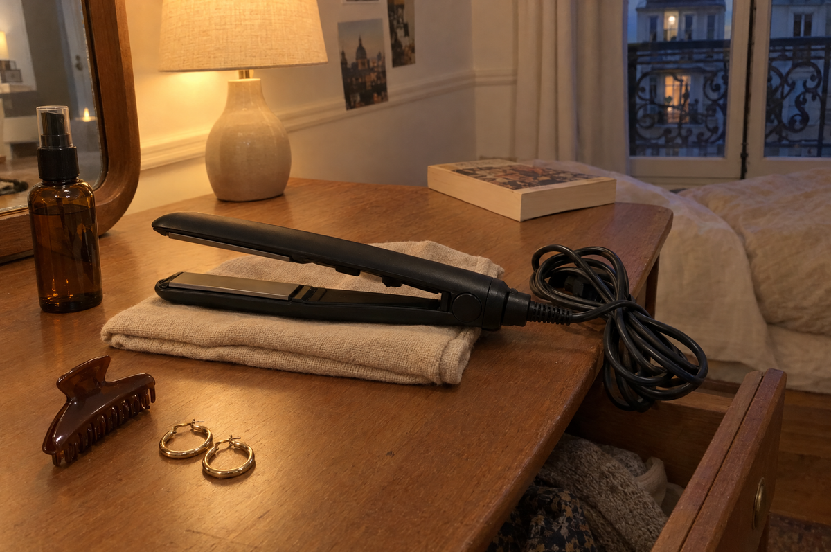 Fer à lisser débranché posé sur une serviette pliée, flacon spray ambré, pince et boucles d'oreilles sur une coiffeuse en bois le soir