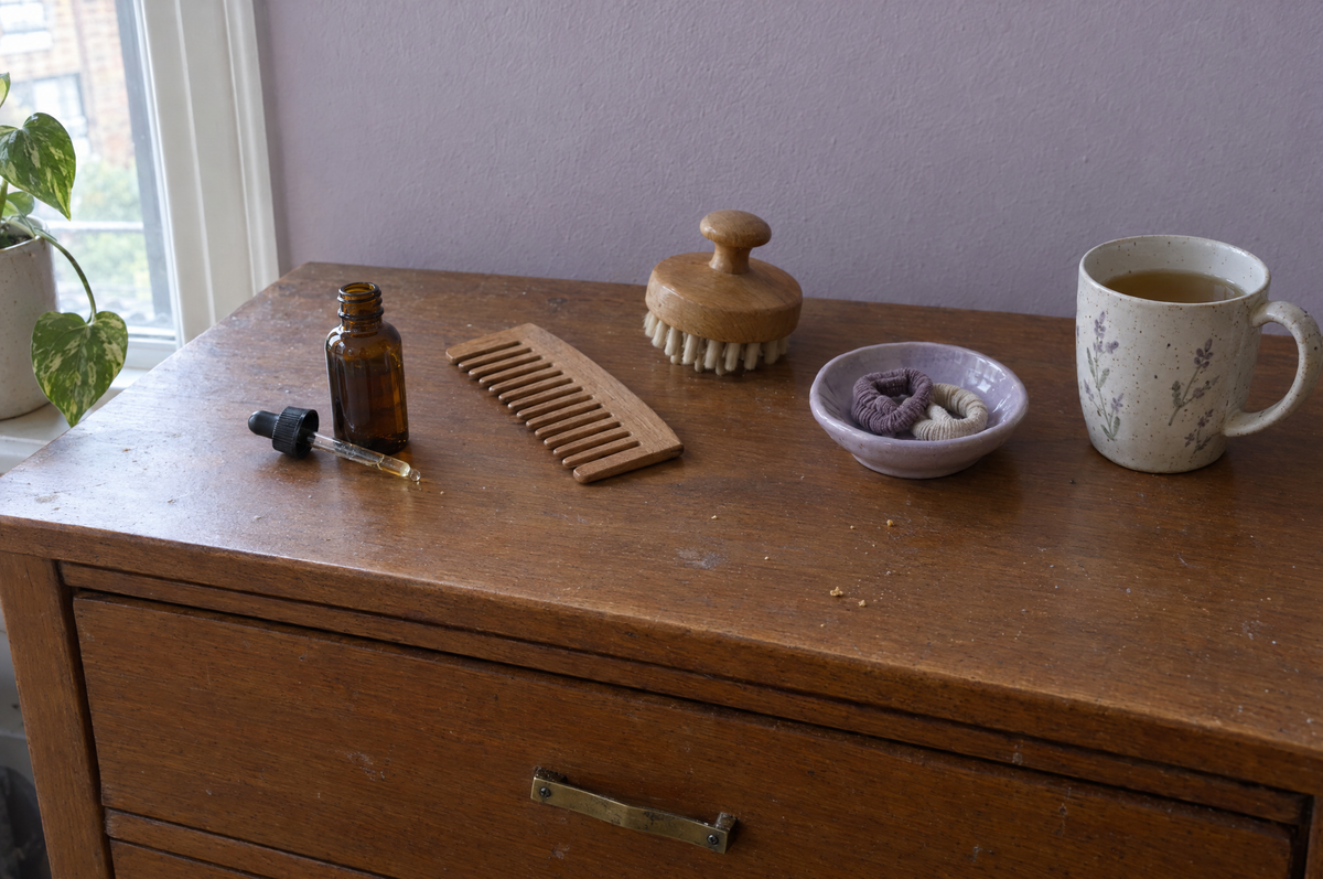 Commode en bois près d'une fenêtre avec un sérum pour le cuir chevelu, un peigne à dents larges, une brosse de massage et un mug de thé